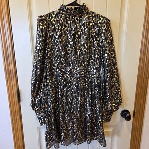 AQUA Mock Neck Gold Foil Mini Dress  Medium